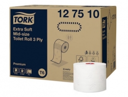 Extra jemný toaletní papír Tork Mid-Size 127510 - třívrstvý, bílý, systém T6, 70 m, 27 rolí