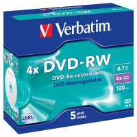DVD-RW Verbatim SERL 4,7 GB - 4x, bez možnosti potisku, jewel box, 5-pack