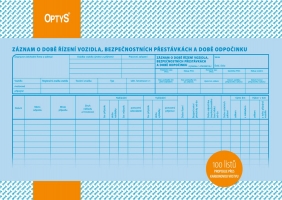 Záznam o době řízení vozidla a bezpečnostních přestávkách a době odpočinku Optys - A4, 100 listů