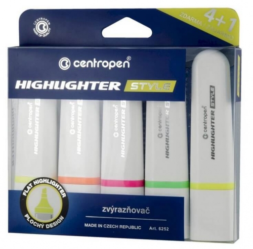 Zvýrazňovač Centropen Highlighter Style 6252/4+1 - klínový hrot, 1-4,6 mm, sada 4+1 ks